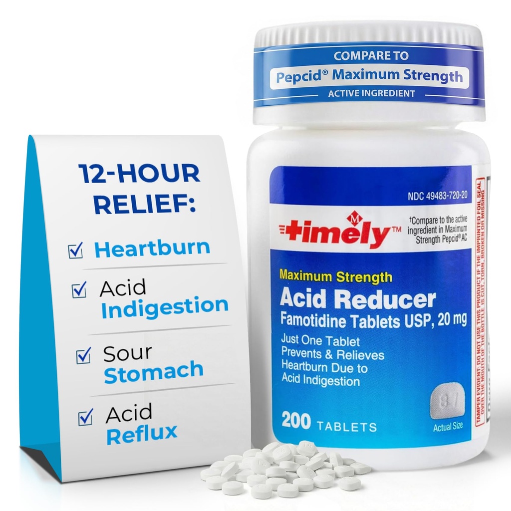 Timely Acid Reducer Famotidine 20mg - Αναψυκτικό οξύ για την ανακούφιση από εγκαύματα και τη δυσπεψία οξέος - 200 δισκία
