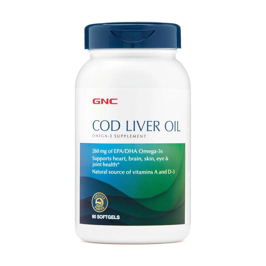GNC Cod Liver Oil Omega 3 συμπλήρωμα, 260mg EPA και DHA, υποστηρίζει την καρδιά, τον εγκέφαλο, το δέρμα, τα μάτια και κοινή υγεία, 90 Softgels
