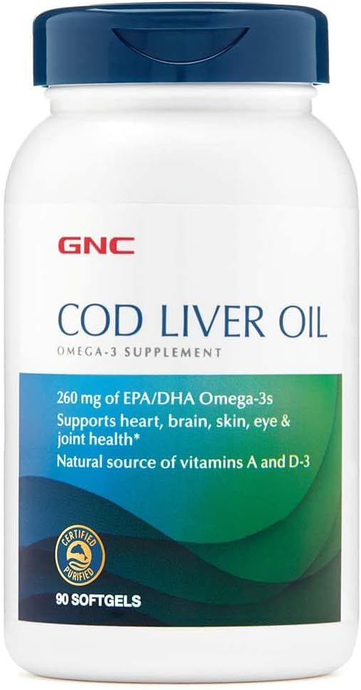 GNC Cod Liver Oil Omega 3 Supplement, 260mg EPA and DHA, Supports Heart, Brain, Skin, Eye and Joint Health, 90 Softgels