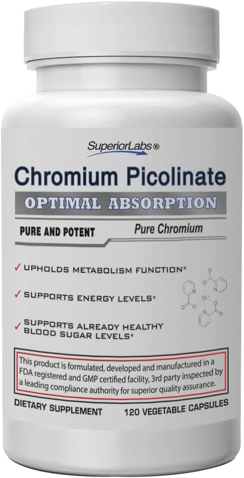 Superior Labs Chromium Picolinate 500mcg, High Absorption, Non-GMO, Blood Sugar & Metabolism Support, Weight and Food Craving Management, Helps Energy & Insulin Sensitivity, 120 Veg Caps