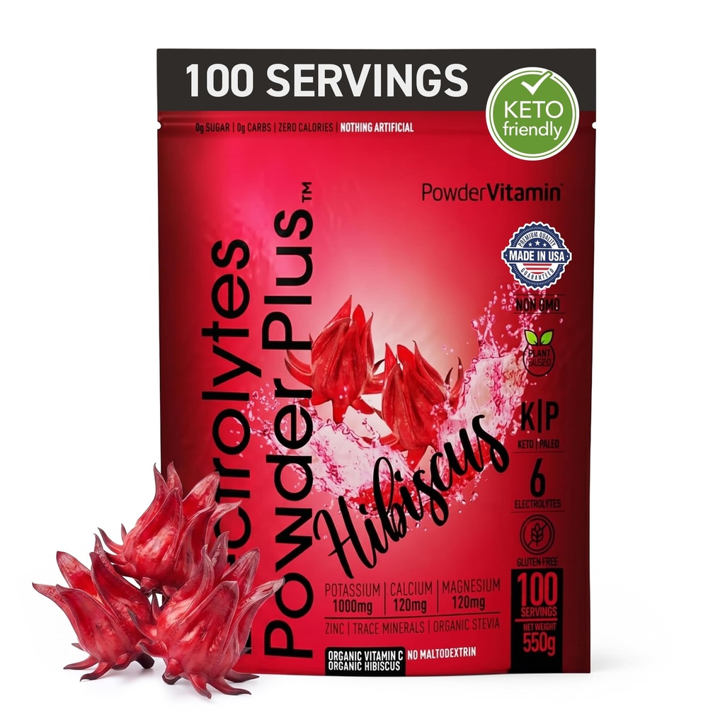 PowderVitamin Electrolytes Powder Plus (100 μερίδες) Hibiscus Electrolyte Powder Zero Calorie Keto,0 Sugar, No Maltodextrin,1000mg Κάλιο,120mg Ασβέστιο,120mg Μαγνήσιο, Σκόνη Ενυδάτωσης