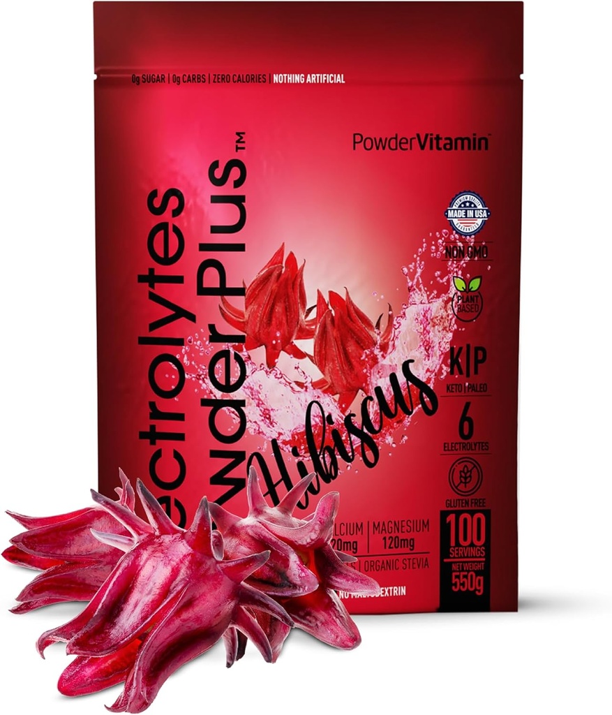 PowderVitamin Electrolytes Powder Plus (100 μερίδες) Hibiscus Electrolyte Powder Zero Calorie Keto,0 Sugar, No Maltodextrin,1000mg Κάλιο,120mg Ασβέστιο,120mg Μαγνήσιο, Σκόνη Ενυδάτωσης