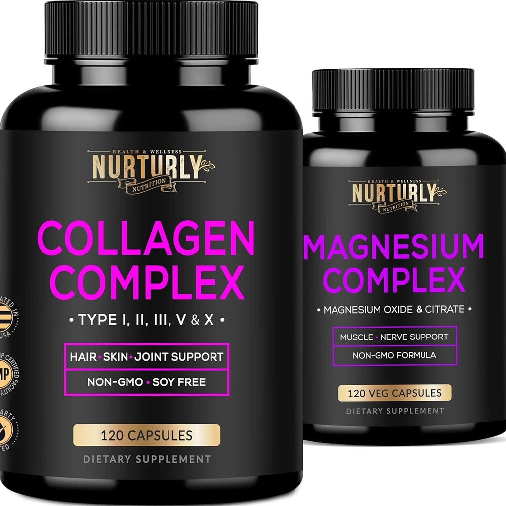 Μαγνήσιο Κιτρικό & Οξείδιο 500mg Complex Supplement and Multi Collagen Peptides Powder Capsules - Υψηλή Απορρόφηση Μέγιστη Δύναμη - Υδρολυμένα Collagen Peptides