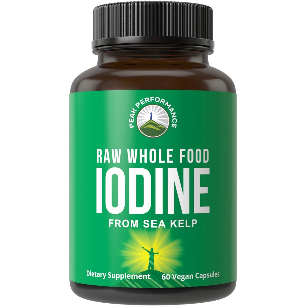 Raw Whole Food Iodine Supplement from Organic Kelp (Ascophyllum Nodosum) by Peak Performance. Δισκία υποστήριξης ιωδιούχου καλίου. για Μεταβολισμό, Ενέργεια και Ανοσοποιητικό. 60 κάψουλες Vegan, χάπια.