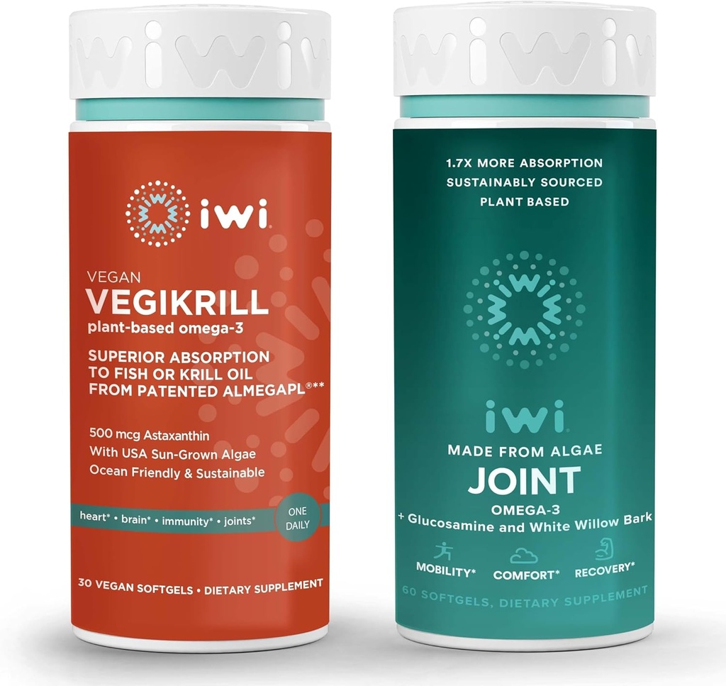 iwi Life Vegikrill & Joint Omega-3 Bundle, 30 εξυπηρετήσεις, Vegan Plant-based Algae Omega 3, Krill & Fish Oil Εναλλακτική, Χωρίς Αλιευτική Επίγευση