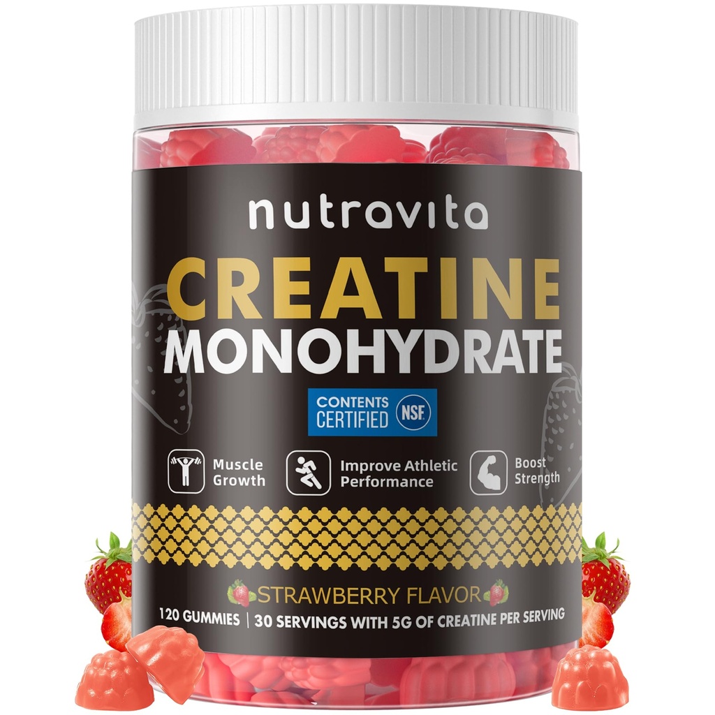 Nutravita NSF Certified Creatine Gummy - Createine Monohydrate Gummies for Men & Women-5g Creatine Monohydrate per Serving - Χωρίς ζάχαρη, Vegan, Φράουλα Γεύση, 120 Count