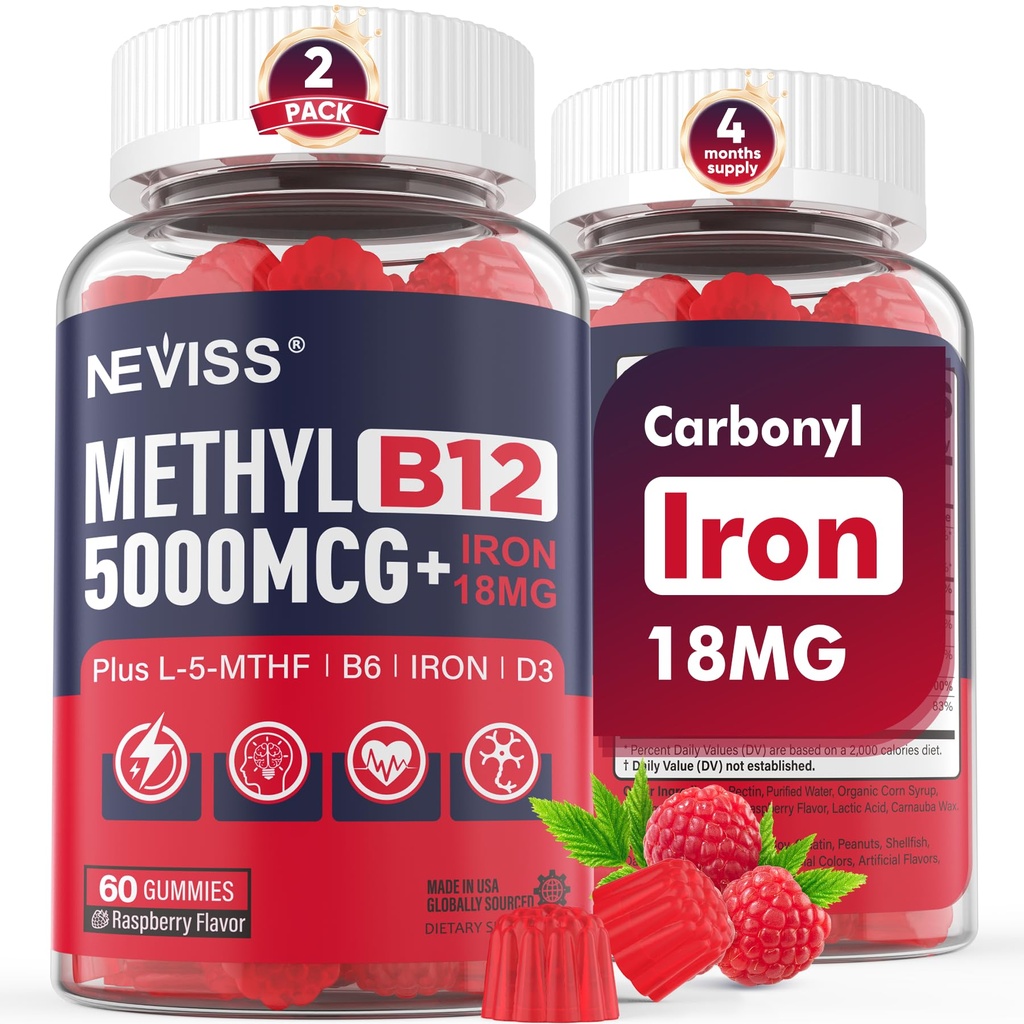 NEVISS Methyl B12 Βιταμίνες 5000 mcg Gummies + Iron 18 mg για γυναίκες - Ενεργή μεθυλοκοβαλαμίνη Μεθυλοποιημένη B12 Συμπλήρωμα βιταμίνης w/L-μεθυλοFolate, B6 (P5P) & D3 για την υποστήριξη ενέργειας & εστίασης, 120 υπηρεσίες