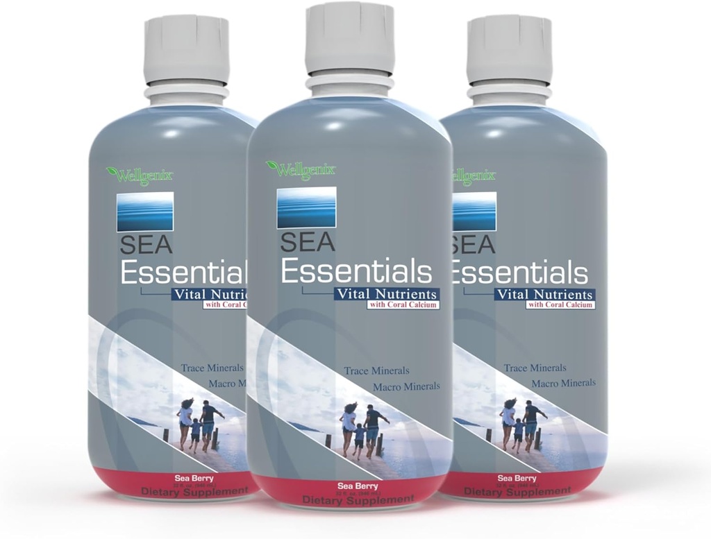 Wellgenix Sea Essentials Vital Nutrients - Coral Calcium Liquid Multivtamin - Ενήλικες & Παιδιά Καθημερινή Συμπλήρωμα - Διατροφική Θαλασσινή Βότανα Ορυκτό Ποτό - Sea Berry Γεύση 32oz (3)
