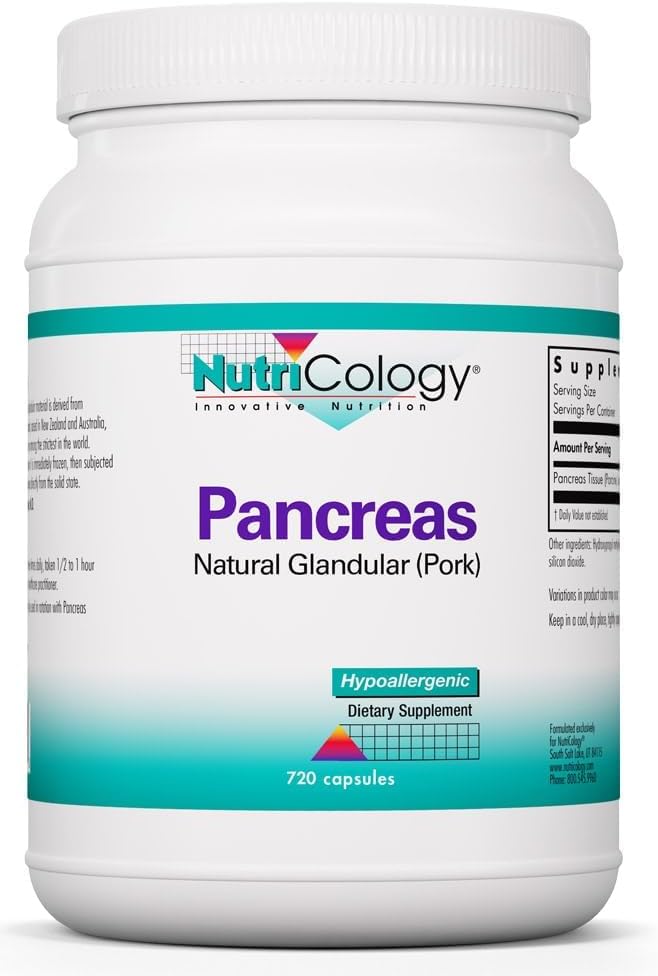 Nutricology Pancreas Dietary Supplement - Digestive Support, Natural Glandur (Pork), Enzymes, Hypoallergenic, Vegetarian Capsles, Gluten Free - 720 Count