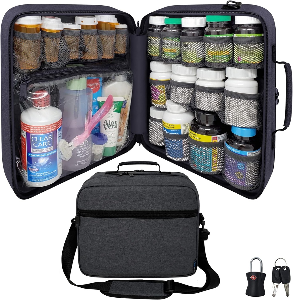 Extra-Large Pill μπουκάλι Organizer, τσάντα ιατρικής, φορέας για φάρμακα, βιταμίνες, και ιατρικές προμήθειες - Modular Travel Ιατρική Organizer και Home Storage Med Bag - σκούρο γκρι (με κλειδαριά)