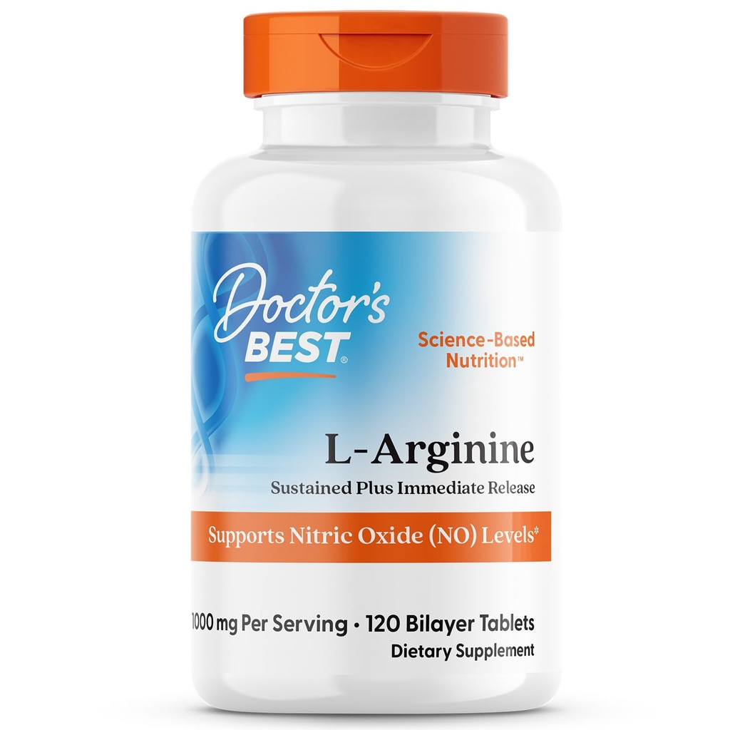 Doctor's Best L Arginine Supplement for Men & Women - L-αργινίνη 1000 mg ανά υπηρεσία, Υποστηρίζει επίπεδα νιτρικού οξειδίου (NO), Παρατεταμένο Plus Άμεση απελευθέρωση - 120 δισκία Bilayer