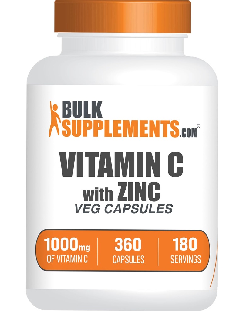 BulkSupplements.com Βιταμίνη C με κάψουλες ψευδαργύρου - Βιταμίνη C 1000mg & Ψευδάργυρος 15mg, για ανοσοποίηση - Vegan, 2 κάψουλες ανά υπηρεσία, 360 Veg Count (πακέτο του 1)