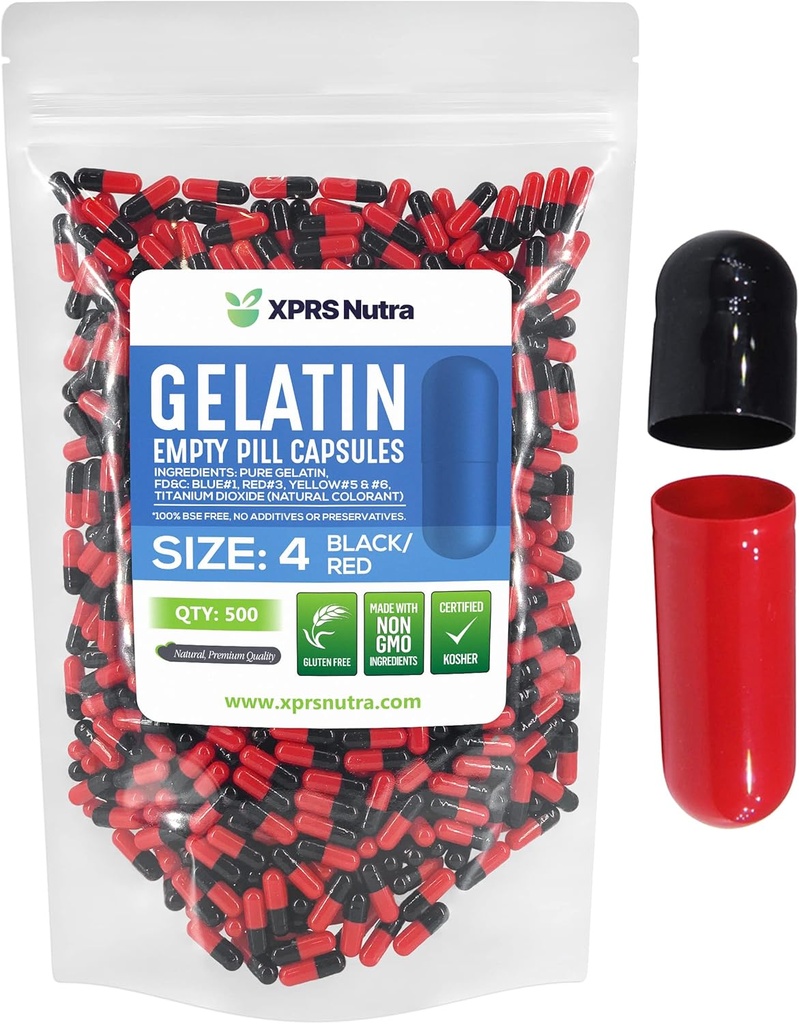 XPRS Nutra Size 4 Empty Capsules - 500 Count Small Empty Gelatin Capsules - Pills DIY Capsule Filling - Fillable Bovine Pill Gel Caps for Do-It-Yourself Supplements (Black/Red)