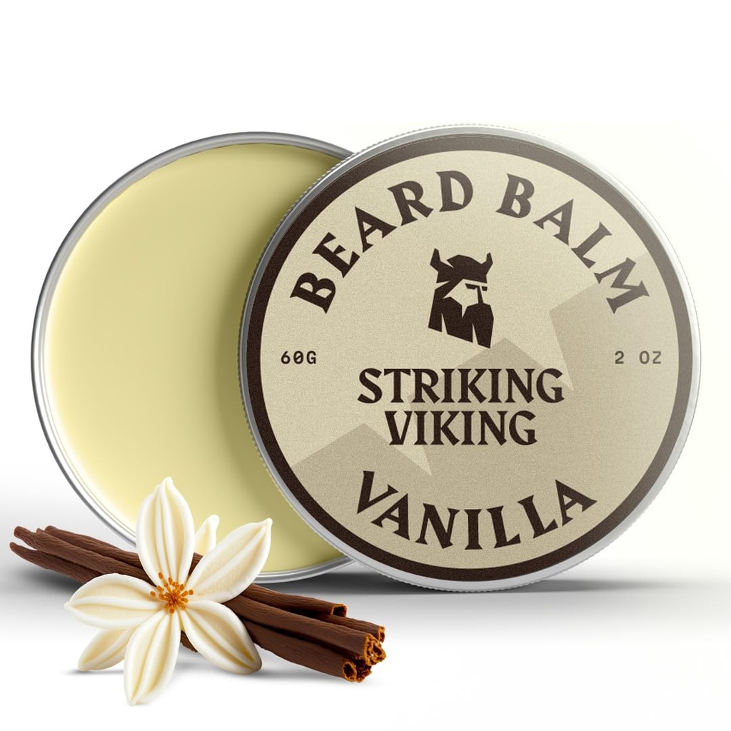 Striking Viking Beard Balm for Men - Leave in Beard Conditioner - Καλλωπιστικό Balm Made with Φυσικά παράγεται Beard Butter, Argan & Jojoba Ounce Ounce (Pack of 1), Vanilla)