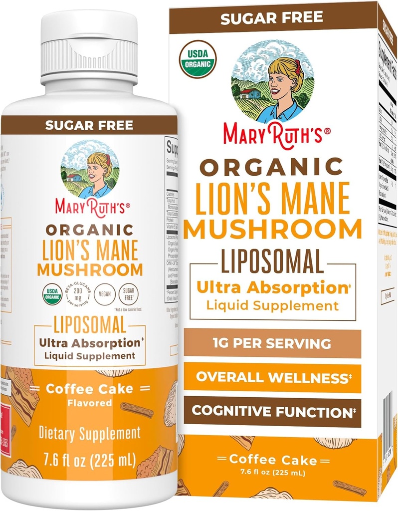 MaryRuth Organics Lions Mane Supplement | Ultra Absorption Liposomal | Full Spectrum Lion's Mane Mushroom | 200mg Beta-Glucans Per Serving | USDA Organic | Vegan | 7.6 oz | 15 Servings