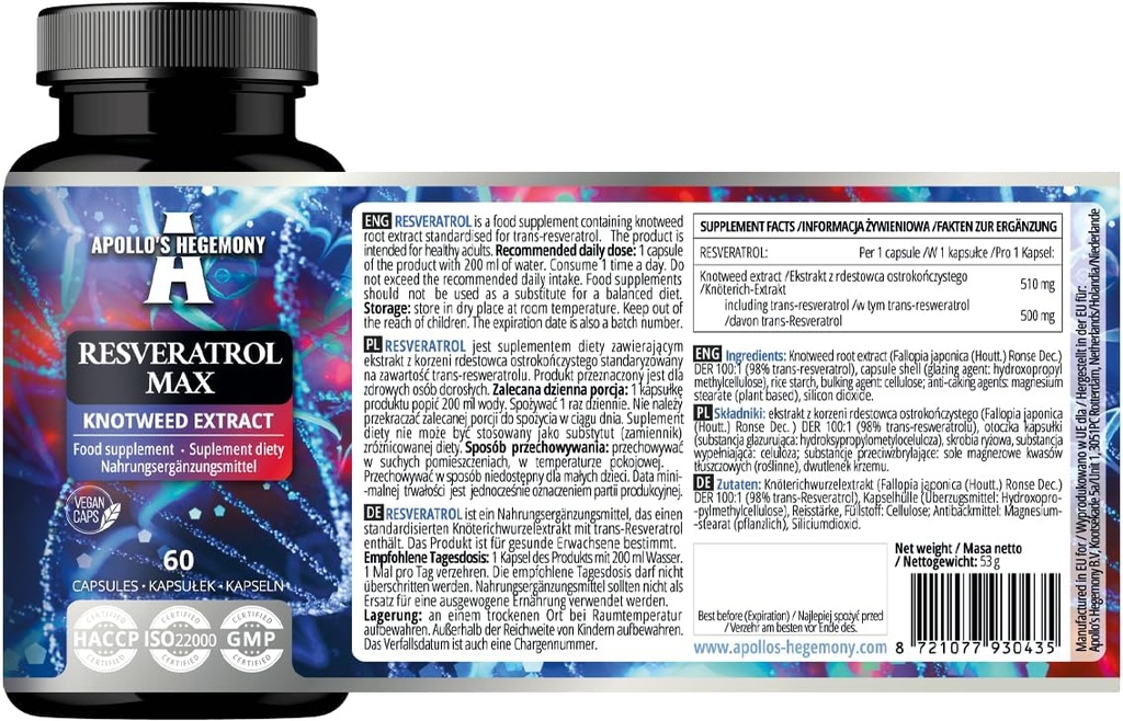 APOLLO'S HEGEMONY Resveratrol Max - 500 mg per Capsule - 60 Vegan Capsules - High Purity 98% Extract - Supports Circulatory Health - Natural Antioxidant - Dietary Supplement