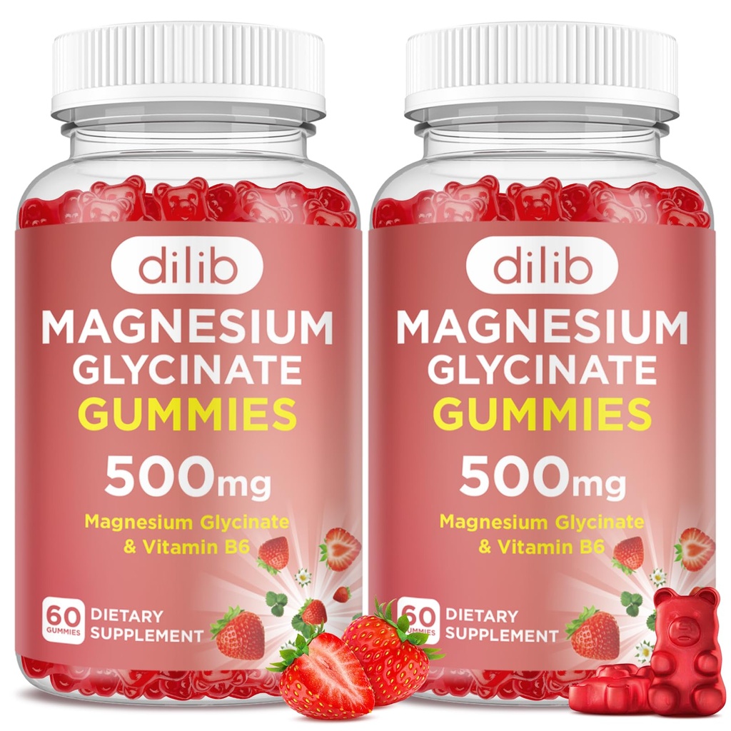 Μαγνήσιο Γλυκινικό Gummies 500mg για ενήλικες & παιδιά Συμπλήρωμα μαγνησίου με βιταμίνη B6-Φυσικό Calm Gummies-Calm Mood, μυών & υποστήριξης ύπνου-Strawberry Flavor, 120 Gummies