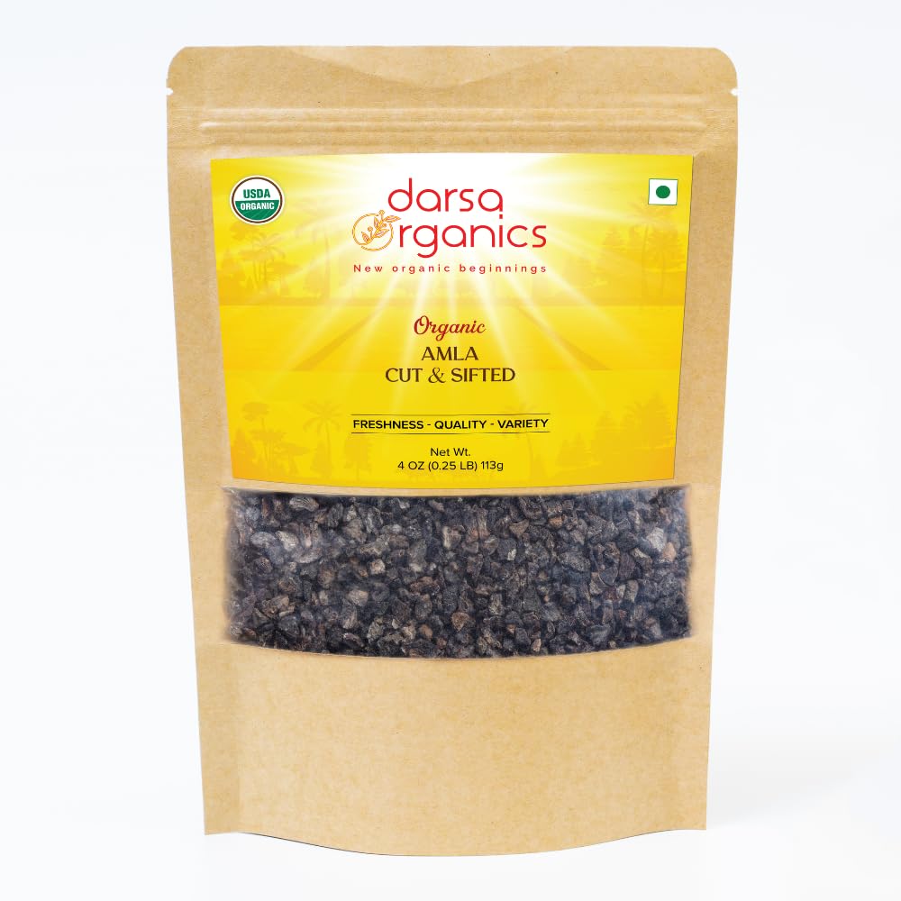 Darsa Organics Dried Amla Indian Gooseberry 4oz - Organic Amla Fruit Cut & Sifted - USDA Certified Non-GMO, Vegan, Kosher and Gluten Free - Vitamin C Rich Gooseberry for Tea, Hair Growth and Skin Immunity
