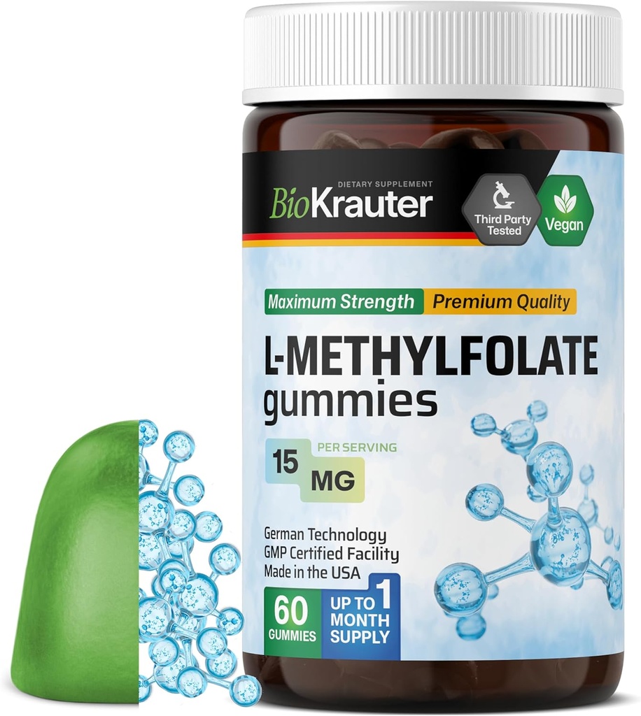 BIO KRAUTER L Gummys Methylfolate - 25 mg DFE - 60 Vegan Chews - MTHF συμπλήρωμα - Folate συμπλήρωμα - Folic Acid Gummies (Vitamin B9) - Gelatine-Free Formula