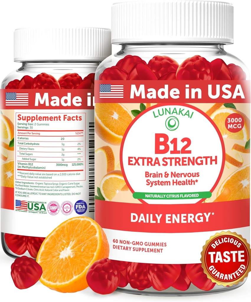 Lunakai Extra Strength 3000mcg Vitamin B12 Gummies - USA Made, Delicious Daily Energy & Metabolism Support - Vegan B12 Methylcobalamin Supplement 60ct