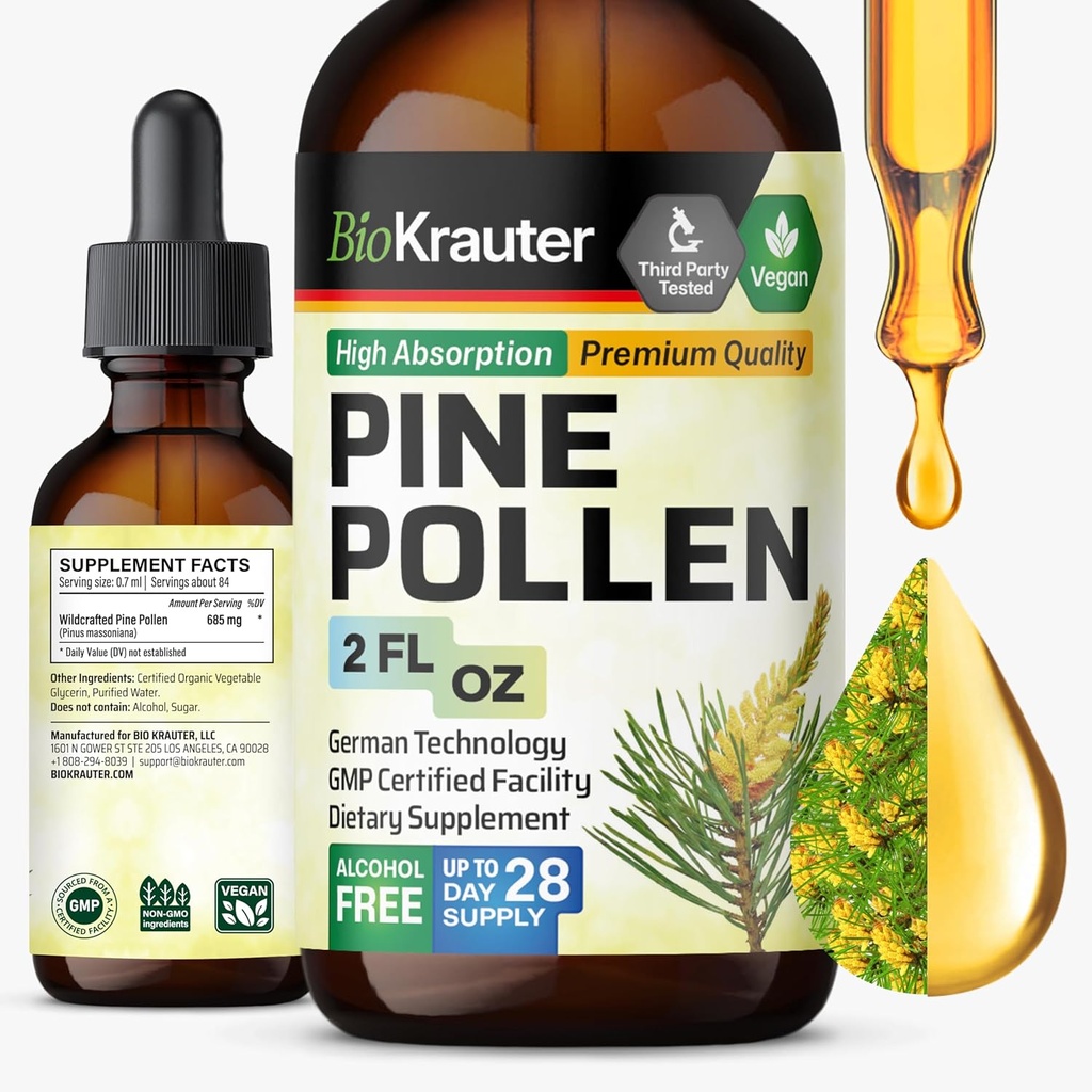 BIO KRAUTER Pine Pollen Βάμμα - Pine Pollen Powder Liquid Extract for Immune Support - Αλκοόλ & Ζάχαρη Δωρεάν Φυσικό συμπλήρωμα βοτάνων - 2 Fl.Oz.