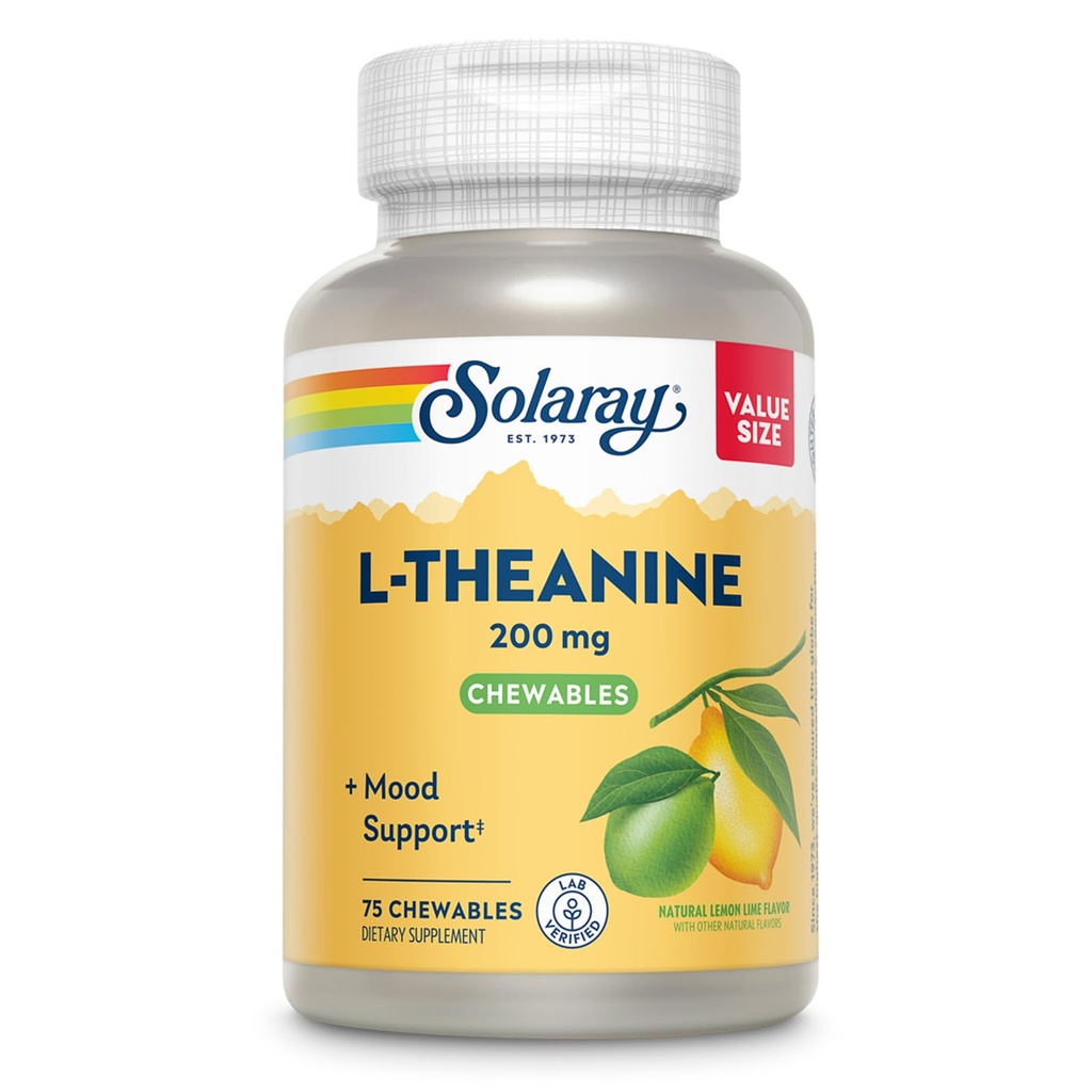 SOLARAY L Theanine 200mg, Συμπλήρωμα Υποστήριξης Mood με Βιταμίνη Β6 - Ηρεμητική Υποστήριξη Κατά τη διάρκεια του περιστασιακού στρες - Φυσικό άρωμα λεμόνι Lime - 60-Day Εγγύηση, Εργαστήριο Επαληθευμένο - 75 Μερίδες, 75 Μασώμενα