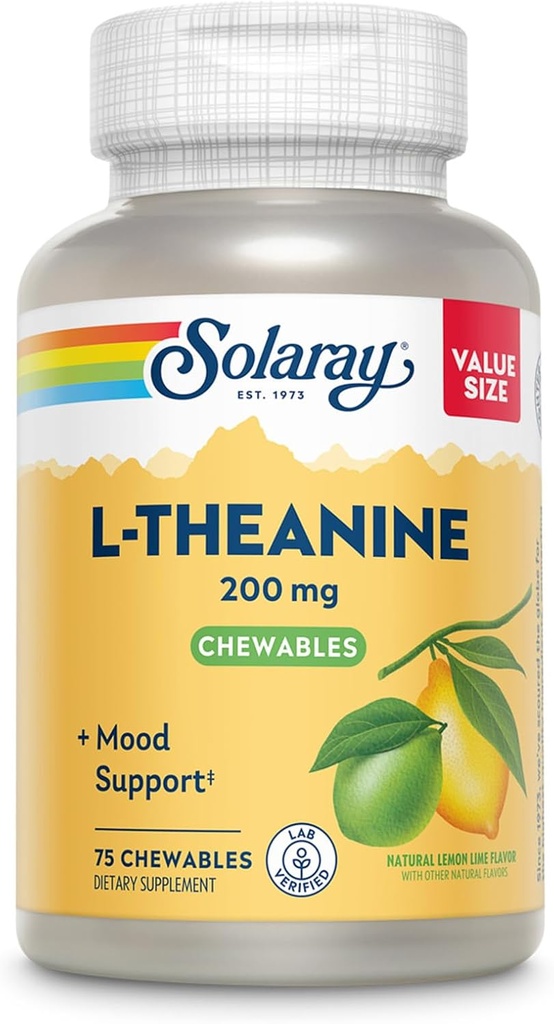 SOLARAY L Theanine 200mg, Mood Support Supplement with Vitamin B6 - Calming Support During Occasional Stress - Natural Lemon Lime Flavor - 60-Day Guarantee, Lab Verified - 75 Servings, 75 Chewables