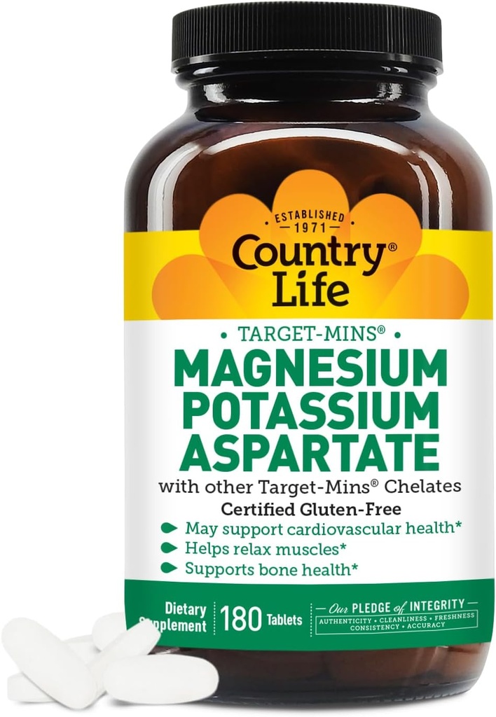 Country Life Magnesium and Potassium Supplement for Heart Health, Cardiovascular Support, Immune System and Bone Health, Gluten-Free