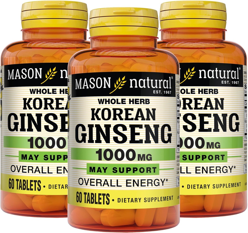 MASON NATURAL Korean Ginseng 1, 000 mg, υποστηρίζει την ενέργεια, την αντοχή & τη ζωτικότητα, 60 δισκία, συσκευασία των 3