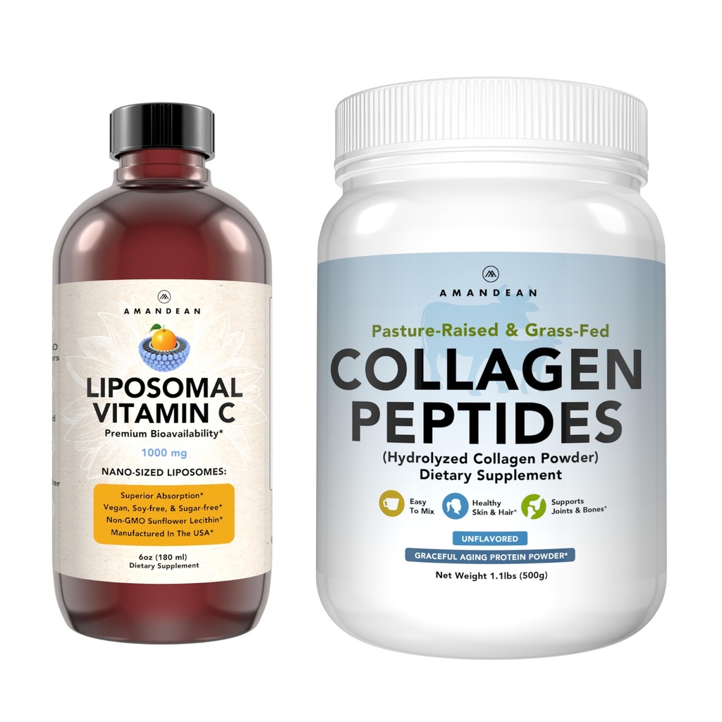 AMANDEAN Premium Liposomal Vitamin C & Bovine Collagen Peptides Bundle. Ισχυρό Αντιοξειδωτικό. Υγρό Quali-C. Grass-Fed Collagen. Υδρολυμένος Τύπος 1 & 3. Ανοσολογική Υποστήριξη. Υγιεινό δέρμα, μαλλιά και νύχια