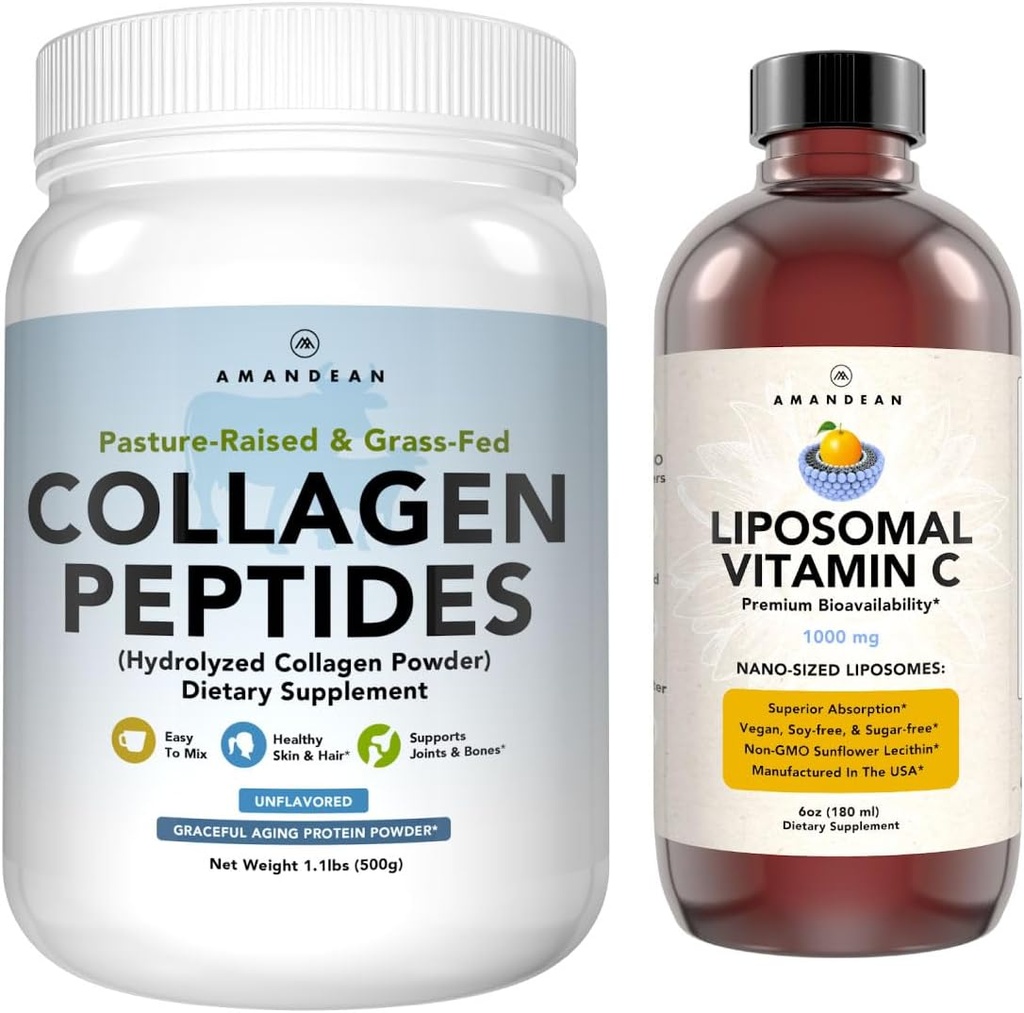 AMANDEAN Premium Liposomal Vitamin C & Bovine Collagen Peptides Bundle. Ισχυρό Αντιοξειδωτικό. Υγρό Quali-C. Grass-Fed Collagen. Υδρολυμένος Τύπος 1 & 3. Ανοσολογική Υποστήριξη. Υγιεινό δέρμα, μαλλιά και νύχια
