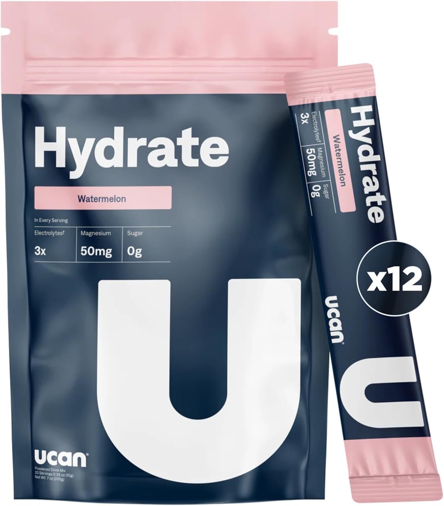UCAN Hydrate Electrolyte Drink Mix (Watermelon, 12 Stickpacks) Ζάχαρη-free, Keto-Friendly, Vegan, Non-GMO, Gluten-Free Ηλεκτρολύτη σκόνη με Κάλιο & Μαγνήσιο για Δρομείς & Αθλητές