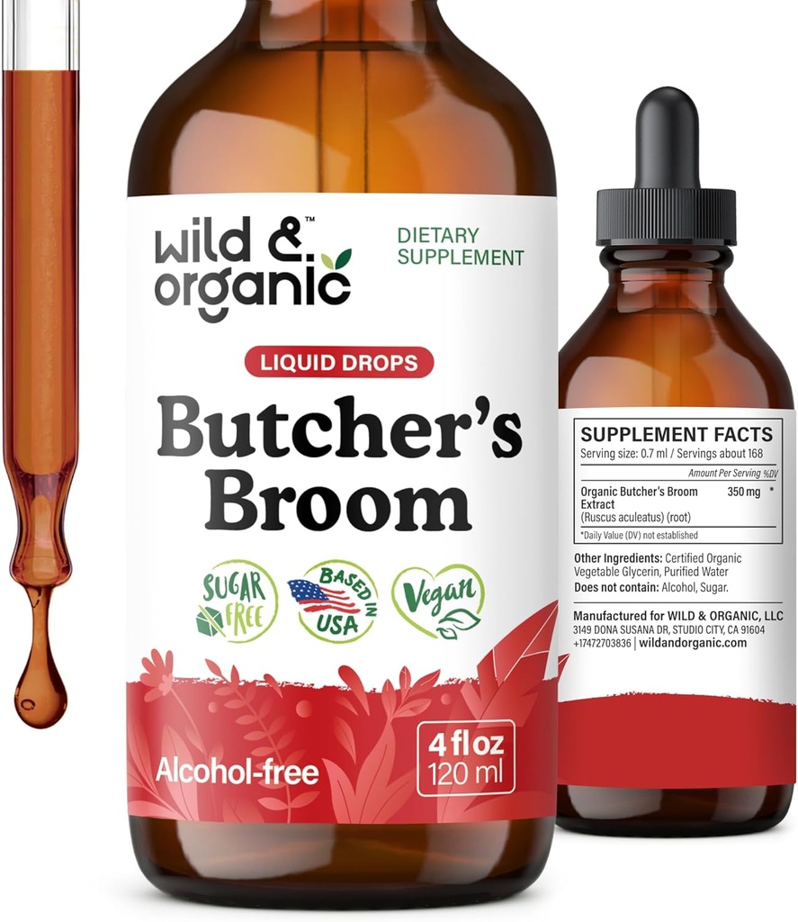 Wild & Organic Butchers Broom Tincture - Leg Support Supplement - Ruscus Aculeatus Root Drops - Herbal Butchers Broom Supplement - Vegan, No Alcohol & Sugar - 4 fl oz