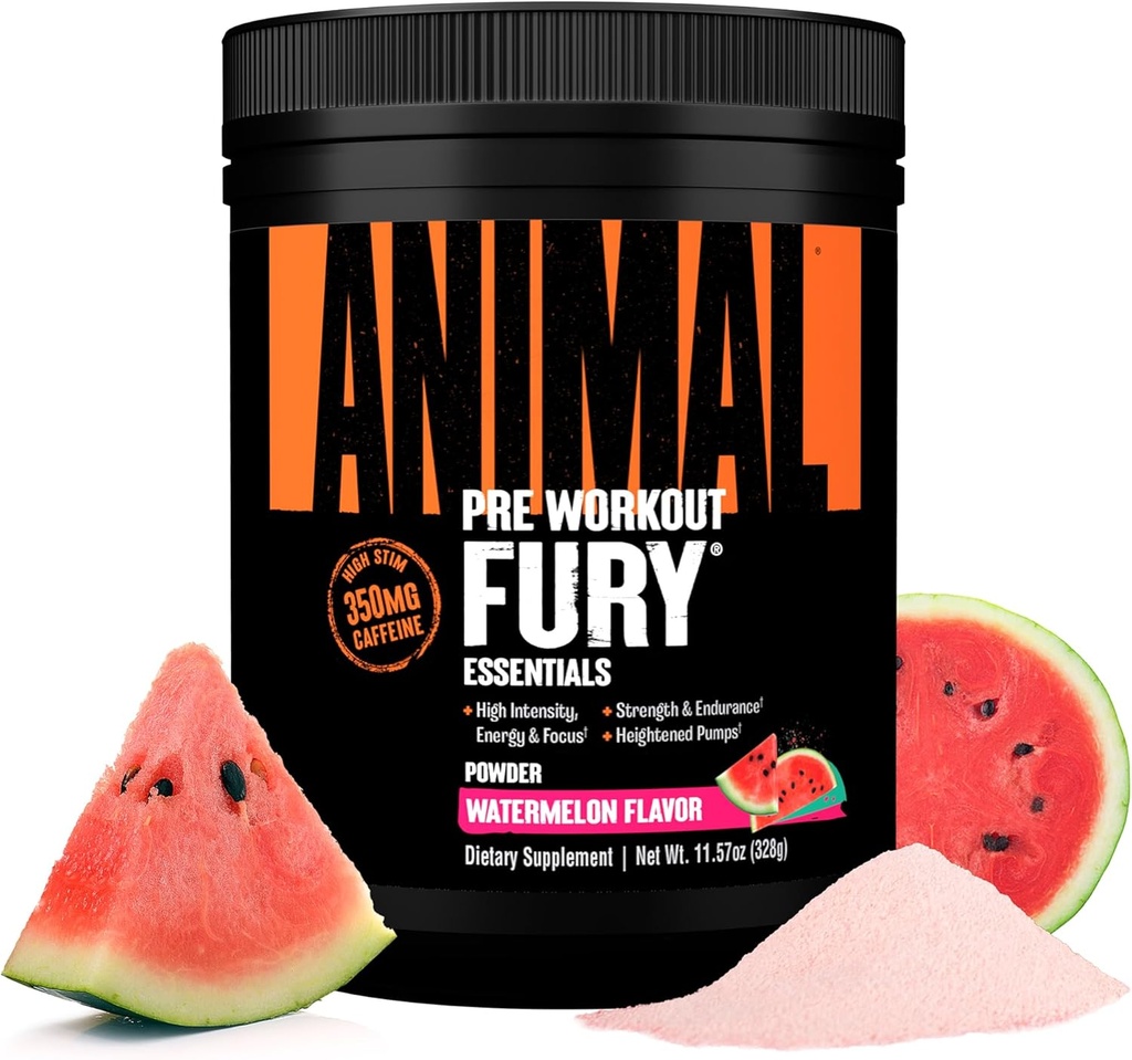 Animal Fury Pre Workout Powder - Καρπούζι, 350mg καφεΐνη, BCAA Amino Acids, 2g Beta Alanine, Κιτρουλίνη & Τυροζίνη, Ενέργεια, Εστίαση, Δύναμη, Υπομονή, Προπόνηση για Άνδρες & Γυναίκες, 20 Υπηρεσίες