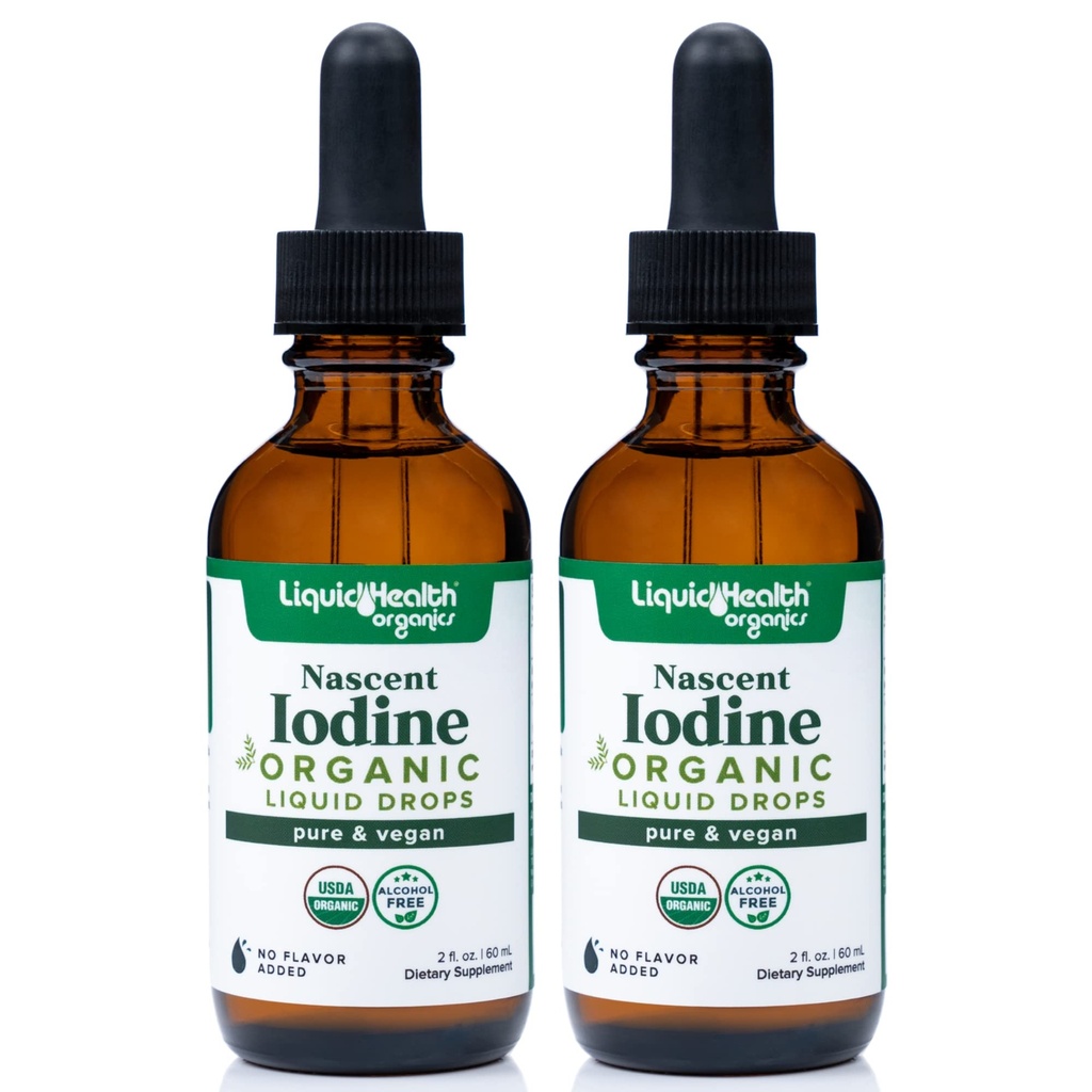 LIQUIDHEALTH USDA Organic Nascent Iodine Liquid Drops, Pure Iodine Supplement for Thyroid & Immune Support, Energy Supplement - Made in USA, Vegan, Άχρωμο, Άγευστο Βάμμα (2 Pack)