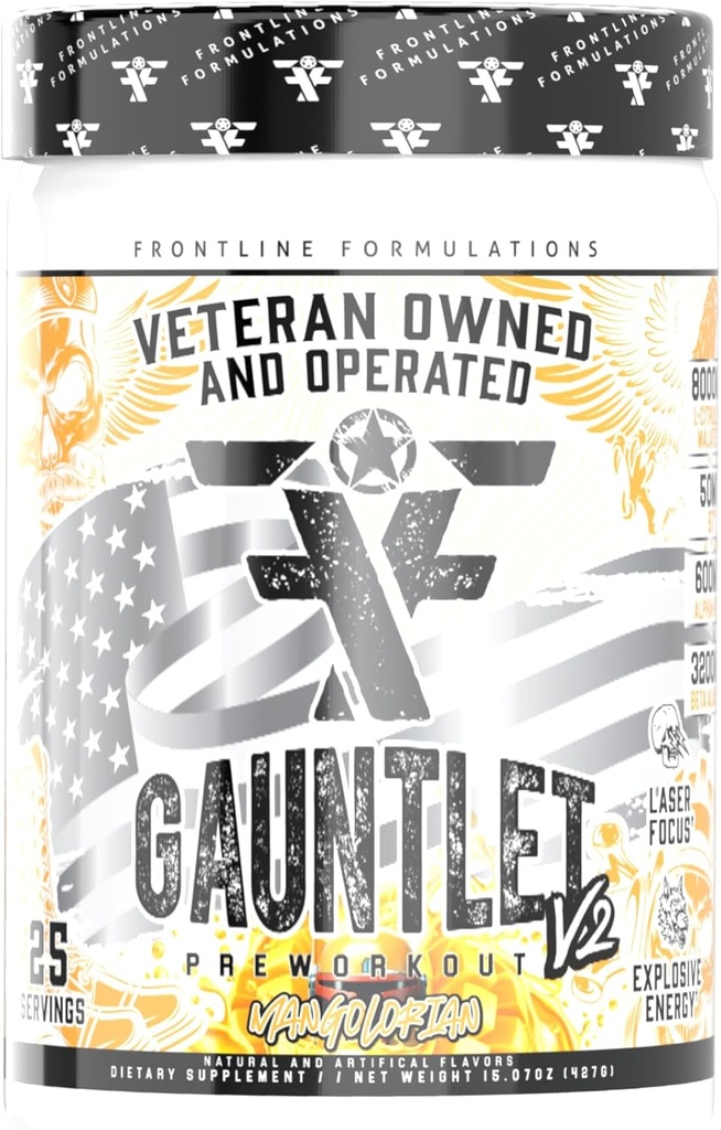 Gauntlet Pre-Workout Powder, Explosive Workouts, Laser Focus, Mid Stim, Amazing Flavor, Veteran Owned and Operated (25 Servings, Mangolorian)