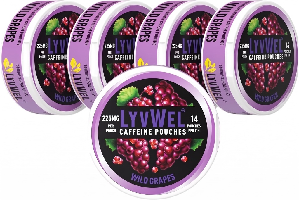 LyvWel 225mg Caffeine Energy Pouches – Άγρια Σταφύλια 5-Pack (75 Pouches) – Τολμηρή Γεύση, Καθαρή Ενέργεια – Guarana-Infused Focus & Stamina για On-The-Go Performance
