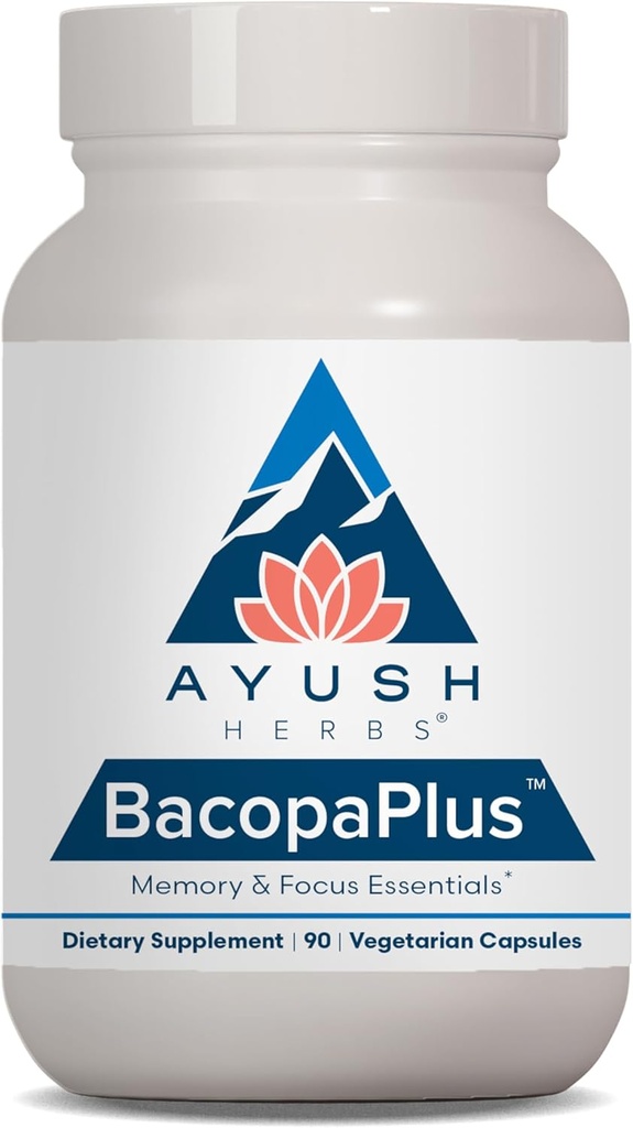 Ayush Herbs BakopaPlus - Συμπληρώματα Bacopa, Organic Bacopa for Memory & Focus, Γνωστικά χάπια υποστήριξης για ενήλικες με Ginkgo, Gotu Kola, Ashwagandha - 90 κάψουλες χορτοφάγων (1 Κόμβος)