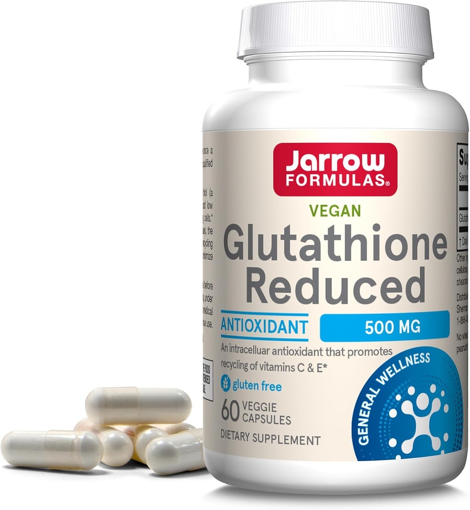 Jarrow Formulas Glutathione Μειωμένη 500 mg - 60 Κάψουλες Veggie - Ενδοκυτταρικό Αντιοξειδωτικό - Ποιότητα Συμπληρώματα Γλουταθιονόνης - Υποστηρίζει Ανακύκλωση Βιταμινών C & E - Μη ΓΤΟ - Χωρίς Γλουτένη - Vegan