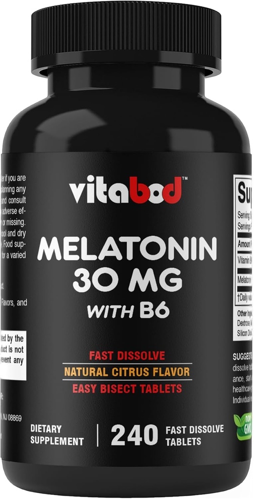 Melatonin 30 mg with Vitamin B6 – 240 Fast Dissolve Tablets High-Potency Sleep Support – Drug-Free, Natural Citrus Flavor – Vegetarian, Non-GMO, Gluten-Free