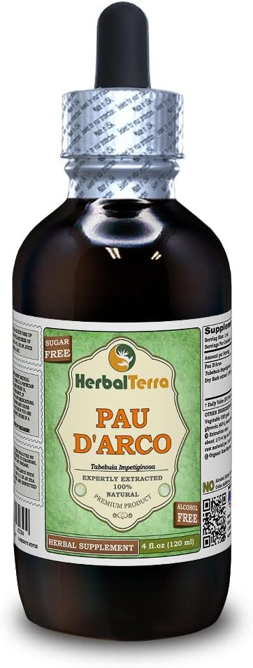PAU d'arco (Tabebuia Impetiginosa) Glycerite, Dried Bark Alcohol-Free Liquid Extract (Brand Name: HerbalTerra, Proudly Made in USA) 4 fl.oz (120 ml)