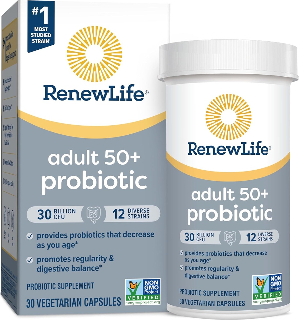 Renew Life Probiotic Adult 50 Plus Probiotic Κάψουλες, Ημερήσια Συμπληρώματα Υποστηρίζει Ουρία, Πεποίθηση και Ανοσολογική Υγεία, L. Rhamnosus GG, Γαλακτοκομικά, Σόγια και Χωρίς Γλουτένη, 30 Δισεκατομμύρια CFU, 30 Count