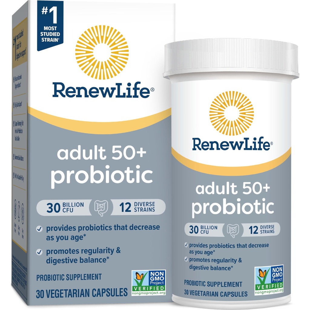 Renew Life Probiotic Adult 50 Plus Probiotic Κάψουλες, Ημερήσια Συμπληρώματα Υποστηρίζει Ουρία, Πεποίθηση και Ανοσολογική Υγεία, L. Rhamnosus GG, Γαλακτοκομικά, Σόγια και Χωρίς Γλουτένη, 30 Δισεκατομμύρια CFU, 30 Count