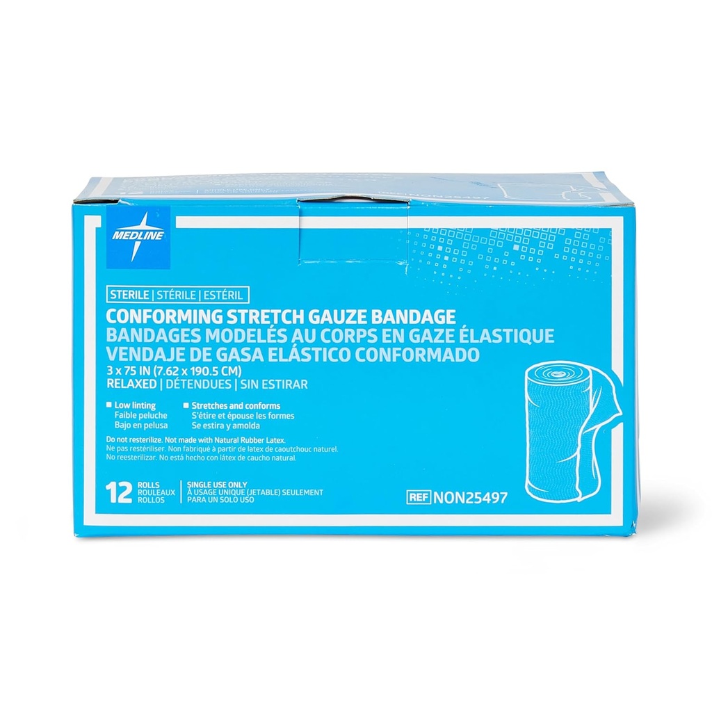 Medline Sterile Conforming Gauze Bandages, 3" x 75", Ideal for Wound Care, Pack of 96
