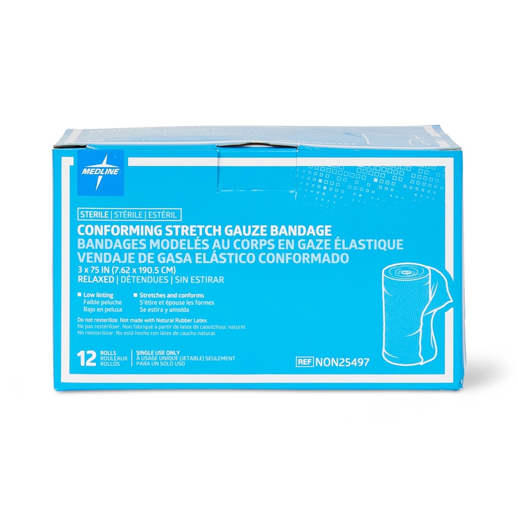 Medline Sterile Conforming Stretch Gauze Bandage Rolls, 3"x75" , Case of 96