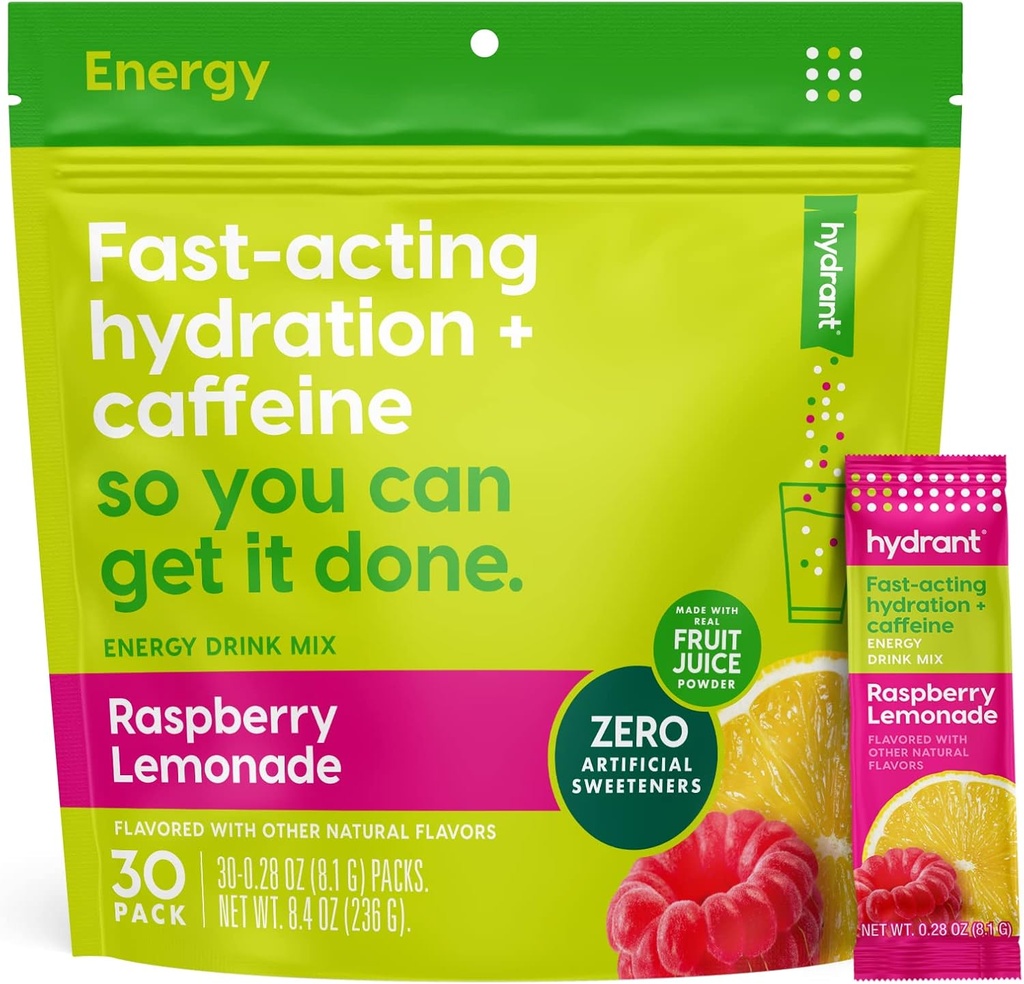 Hydrant - Energy Electrolyte Powder, Raspberry Lemonade Flavor, 30 Caffeine & L-Theanine Energy Rehydration Stick Packs - Low Sugar Energy Powder for Daily Use