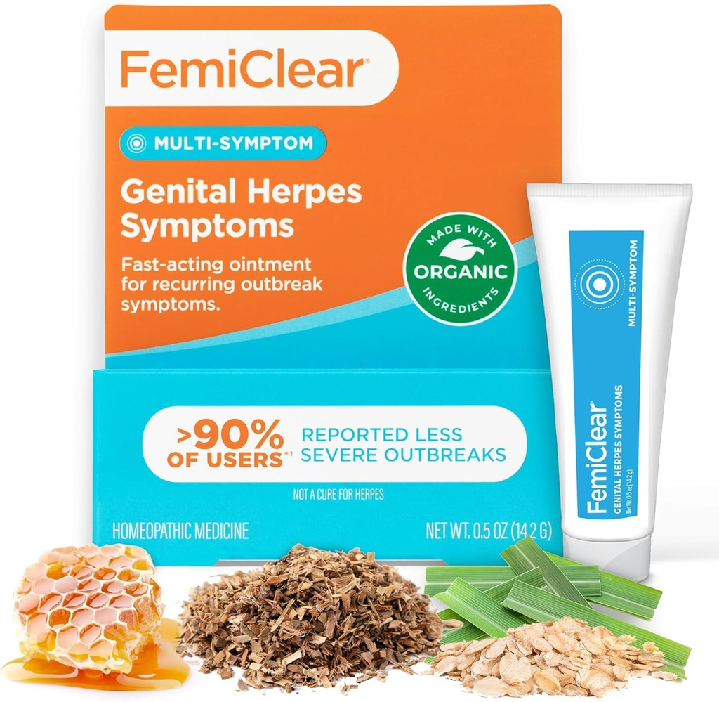FemiClear for Genital Herpes Symptoms & Cold Sores, Multi-Symptom - Effective Intimate Relief - Made with All-Natural and Organic Ingredients - 0.5 Ounce Tube