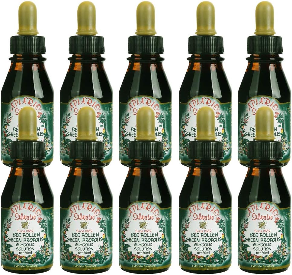 Επίσημος Διανομέας - 10 μπουκάλια Apiario Silvestre Bee Pollen & Brazil Green Bee Propolis Liquid - Glycolic Extract-Non Alcoinic, Wax Free, Sugar Free