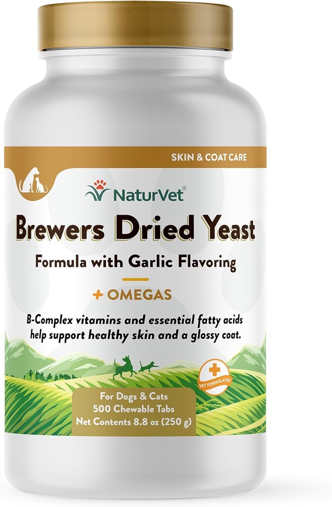 NaturVet Brewer's Dryed Yeast Pet Supplement with Garlic Flavoring – Περιλαμβάνει B-Complex Βιταμίνες, Ωμέγα-3, 6, & 9 Λιπαρά Οξέα – Βοηθά στην υποστήριξη Glossy Coat, Healthy Skin for Dogs, Cats 500 Ct.