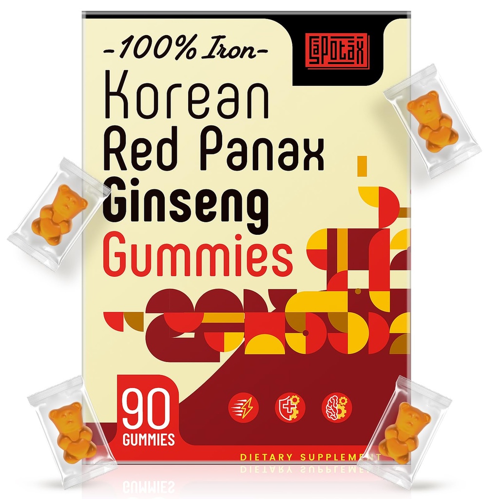 Κορεάτικα Red Panax Ginseng συμπλήρωμα Gummies - Σιδήρου συμπληρώματα για γυναίκες & άνδρες - Iron Gummies με βιταμίνη C, B6, B12, Κάλιο & μαγνήσιο, Vegan - 90 Count